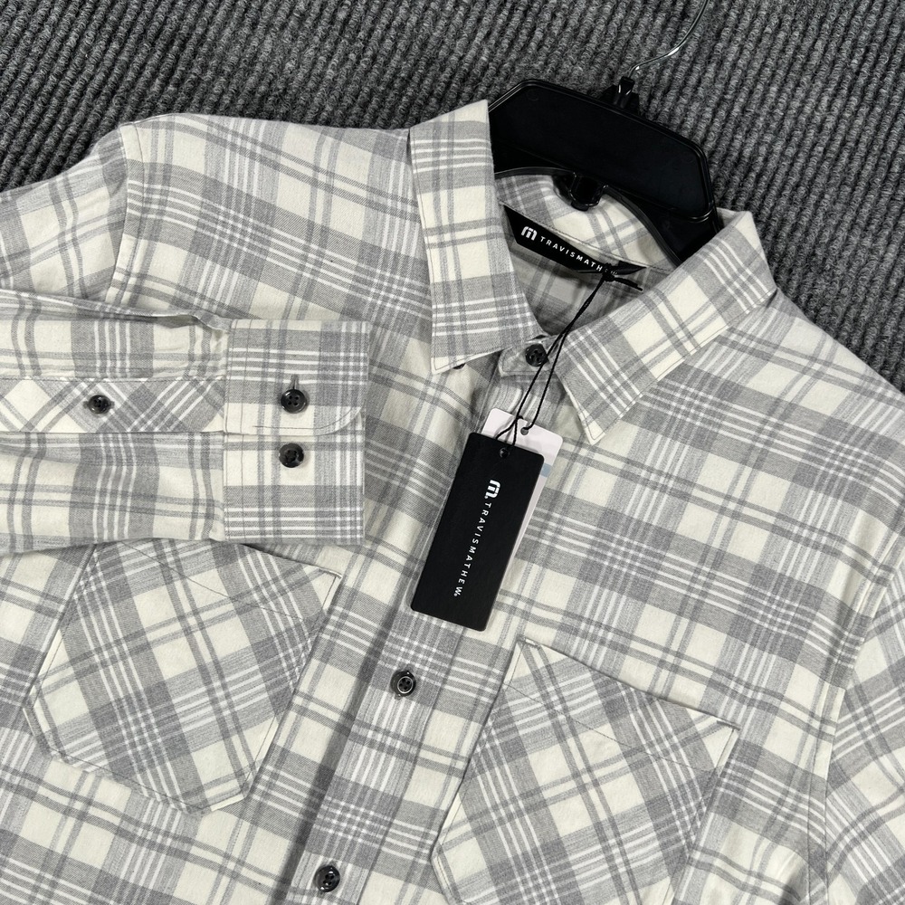 Travis Mathew Cloud Flannel Shirt Mens Small Gray Plaid Long Sleeve Button New